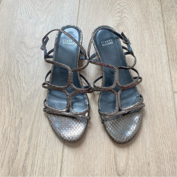 Stuart Weitzman Silver Leather Snake Printed Strappy Sandals 10 - Picture 1 of 6